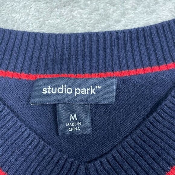 Studio Park Navy V-Neck Pullover Sweater With Red Trim M a0531 - Picture 2 of 8